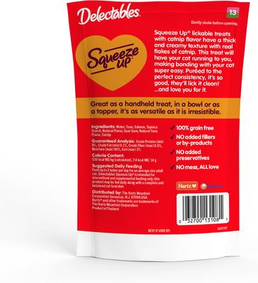 Show full view: Hartz Delectables Squeeze Up Tuna & Salmon with Catnip Flavored Grain-Free Lickable Cat Treats, 0.5-oz tube, case of 4 slide 7 of 12