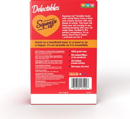 Show full view: Hartz Delectables Squeeze Up Catnip Flavored Variety Pack Grain-Free Lickable Cat Treats, 0.5-oz tube, case of 20 slide 8 of 11