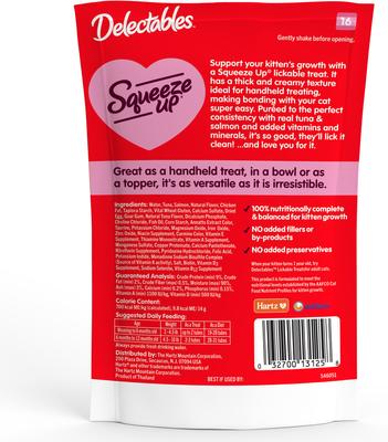 Show full view: Hartz Delectables Squeeze Up Complete & Balanced Tuna & Salmon Lickable Kitten Treats, 0.5-oz tube, case of 32 slide 8 of 11