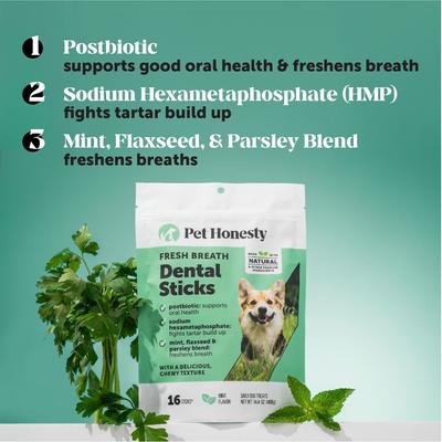 Show full view: Pet Honesty Dental Health Fresh Sticks Mint Plaque Off Dental & Teeth Cleaning Dog Dental Chews, 16 count slide 4 of 12