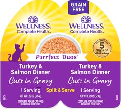 Wellness Complete Health Purrfect Duos Turkey & Salmon Grain-Free Cuts in Gravy Wet Cat Food, 2.64-oz cup, case of 12