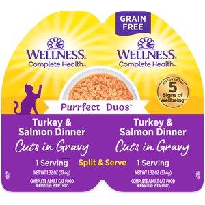 Wellness Complete Health Purrfect Duos Turkey & Salmon Grain-Free Cuts in Gravy Wet Cat Food, 2.64-oz cup, case of 12