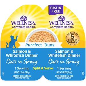 Wellness Complete Health Purrfect Duos Salmon & Whitefish Grain-Free Cuts in Gravy Wet Cat Food, 2.64-oz cup, case of 12