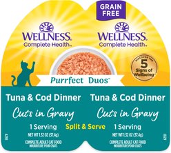 Wellness Complete Health Purrfect Duos Tuna & Cod Grain-Free Cuts in Gravy Wet Cat Food, 2.64-oz cup, case of 12