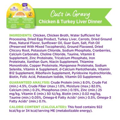 Show full view: Wellness Complete Health Purrfect Duos Chicken & Turkey Liver Grain-Free Cuts in Gravy Wet Cat Food, 2.64-oz cup, case of 12 slide 9 of 12