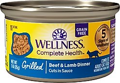 Wellness Complete Health Grilled Beef & Lamb Grain-Free Cuts in Sauce Wet Cat Food, 3-oz can, case of 12