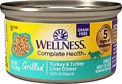 Wellness Complete Health Grilled Turkey & Turkey Liver Grain-Free Cuts in Sauce Wet Cat Food, 3-oz can, case of 12