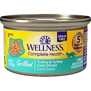 Wellness Complete Health Grilled Turkey & Turkey Liver Grain-Free Cuts in Sauce Wet Cat Food, 3-oz can, case of 12