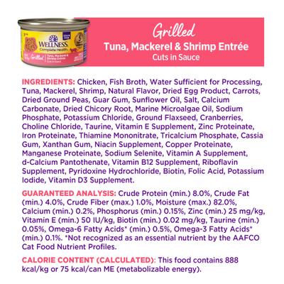 Show full view: Wellness Complete Health Grilled Tuna, Mackerel & Shrimp Grain-Free Cuts in Sauce Wet Cat Food, 3-oz can, case of 12 slide 9 of 12