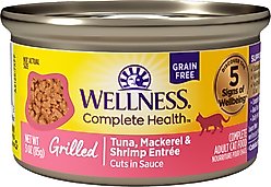 Wellness Complete Health Grilled Tuna, Mackerel & Shrimp Grain-Free Cuts in Sauce Wet Cat Food, 3-oz can, case of 12