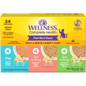 Wellness Complete Health Purrfect Duos Variety Pack Grain-Free Pate & Cuts in Gravy Wet Cat Food, 2.64-oz cup, case of 12