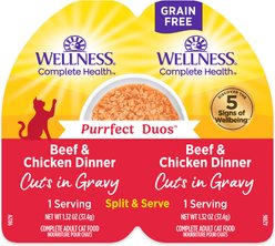 Wellness Complete Health Purrfect Duos Beef & Chicken Grain-Free Cuts in Gravy Wet Cat Food, 2.64-oz cup, case of 12