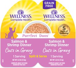 Wellness Complete Health Purrfect Duos Salmon & Shrimp Grain-Free Cuts in Gravy Wet Cat Food, 2.64-oz cup, case of 12