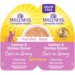 Wellness Complete Health Purrfect Duos Salmon & Shrimp Grain-Free Cuts in Gravy Wet Cat Food, 2.64-oz cup, case of 12