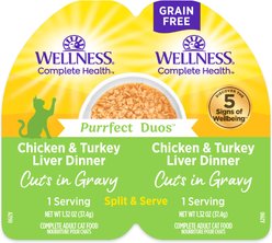 Wellness Complete Health Purrfect Duos Chicken & Turkey Liver Grain-Free Cuts in Gravy Wet Cat Food, 2.64-oz cup, case of 12