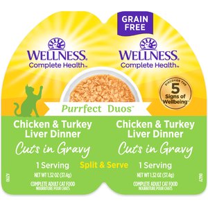 Wellness Complete Health Purrfect Duos Chicken & Turkey Liver Grain-Free Cuts in Gravy Wet Cat Food, 2.64-oz cup, case of 12