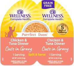 Wellness Complete Health Purrfect Duos Chicken & Tuna Grain-Free Cuts in Gravy Adult Wet Cat Food, 2.64-oz cup, case of 12