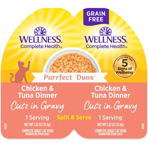 Wellness Complete Health Purrfect Duos Chicken & Tuna Grain-Free Cuts in Gravy Adult Wet Cat Food, 2.64-oz cup, case of 12