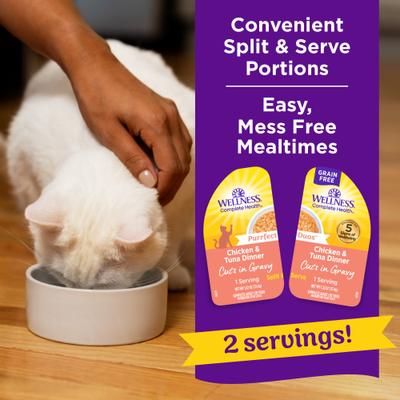 Show full view: Wellness Complete Health Purrfect Duos Chicken & Tuna Grain-Free Cuts in Gravy Adult Wet Cat Food, 2.64-oz cup, case of 12 slide 5 of 12