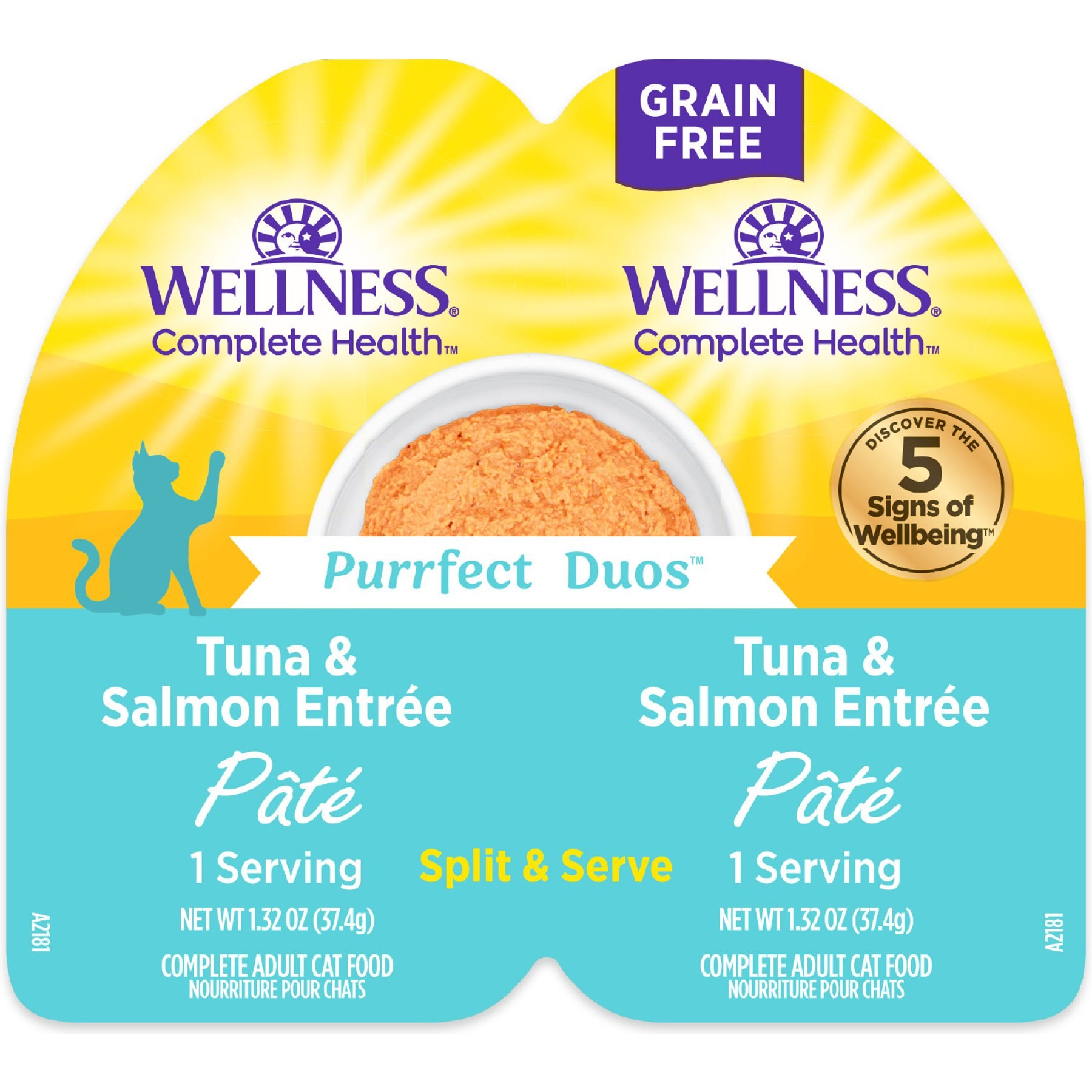Wellness Complete Health Purrfect Duos Pate Tuna & Salmon Natural Grain-Free Wet Cat Food, 2.64-oz cup, case of 12