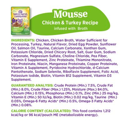 Show full view: Wellness Appetizing Entrees Chicken & Turkey Mousse Wet Cat Food, 2.8-oz pouch, case of 8 slide 9 of 11