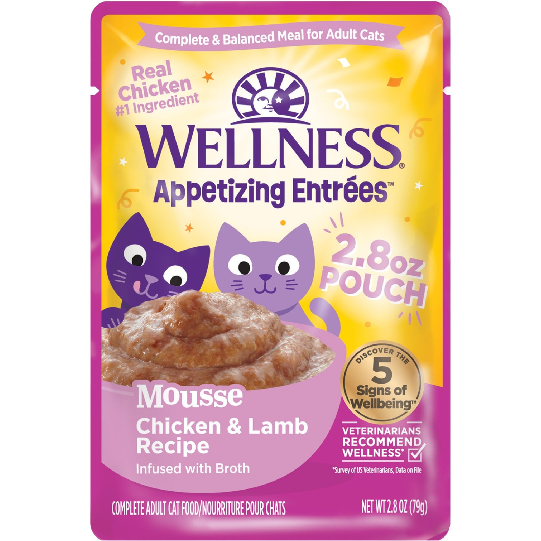 Wellness Appetizing Entrees Mousse Chicken & Lamb Natural Grain-Free Wet Cat Food, 2.8-oz pouch, case of 8