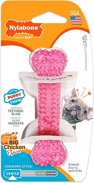 Show full view: Nylabone Puppy Teething & Soothing Flexible Chicken Flavor Chew Dog Toy Pink, X-Small slide 1 of 13