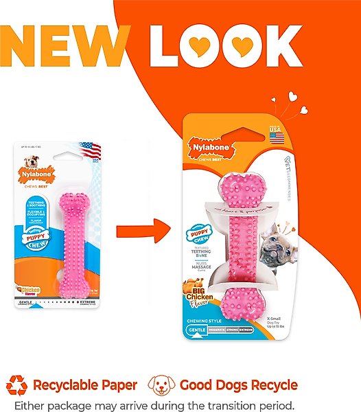 Show full view: Nylabone Puppy Teething & Soothing Flexible Chicken Flavor Chew Dog Toy Pink, X-Small slide 2 of 13