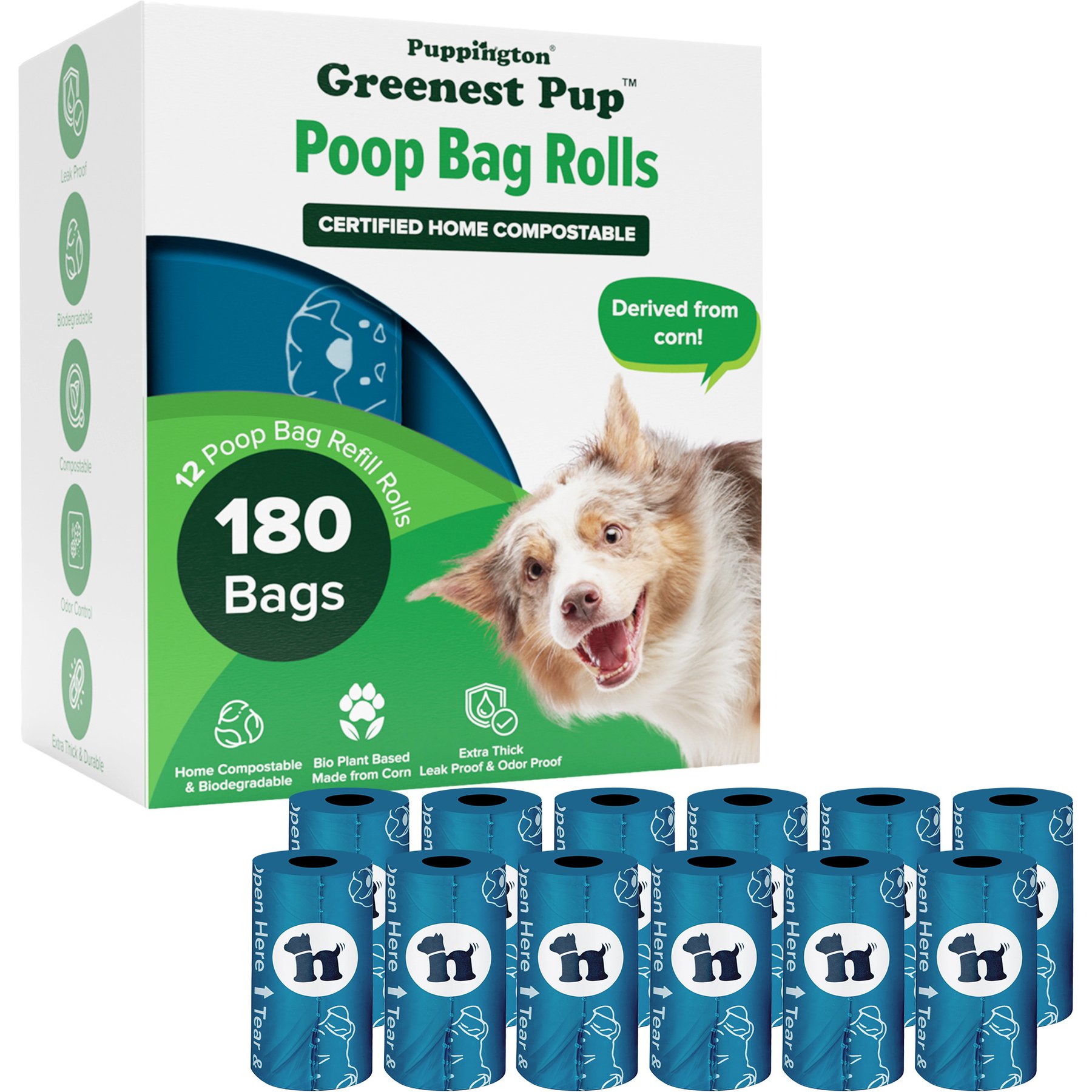Puppington Greenest Pup Compostable Dog Poop Bags, Lagoon Teal, 12 Rolls