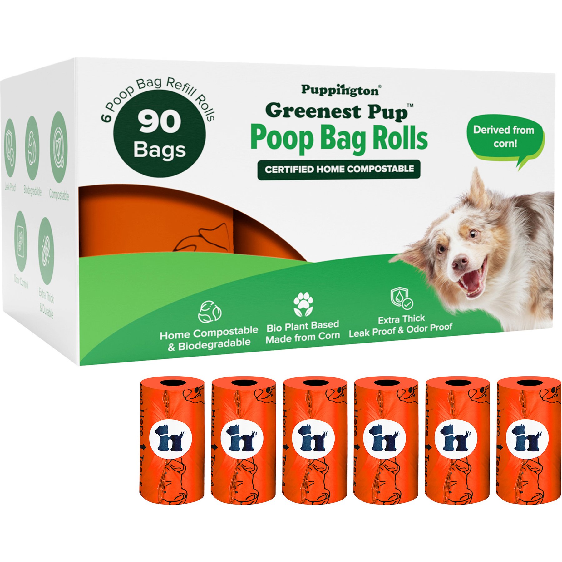 Puppington Greenest Pup Compostable Dog Poop Bags, Poppy Orange, 6 Rolls