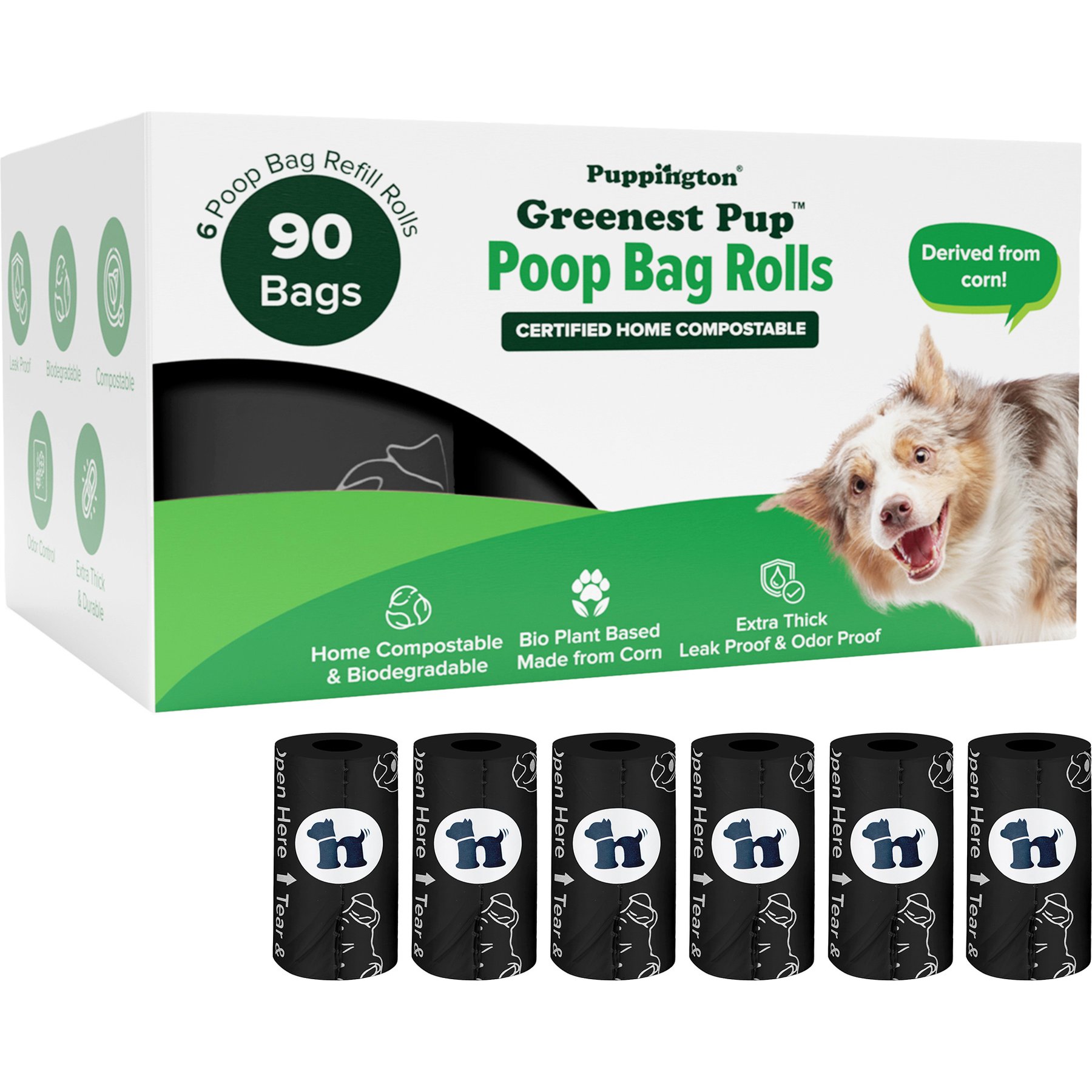 Puppington Greenest Pup Compostable Dog Poop Bags, Onyx Black, 6 Rolls