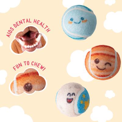 Show full view: Snugarooz Deep Space Tennis Balls Squeaky Dog Plush Toy, Multi, 3 pack slide 7 of 9