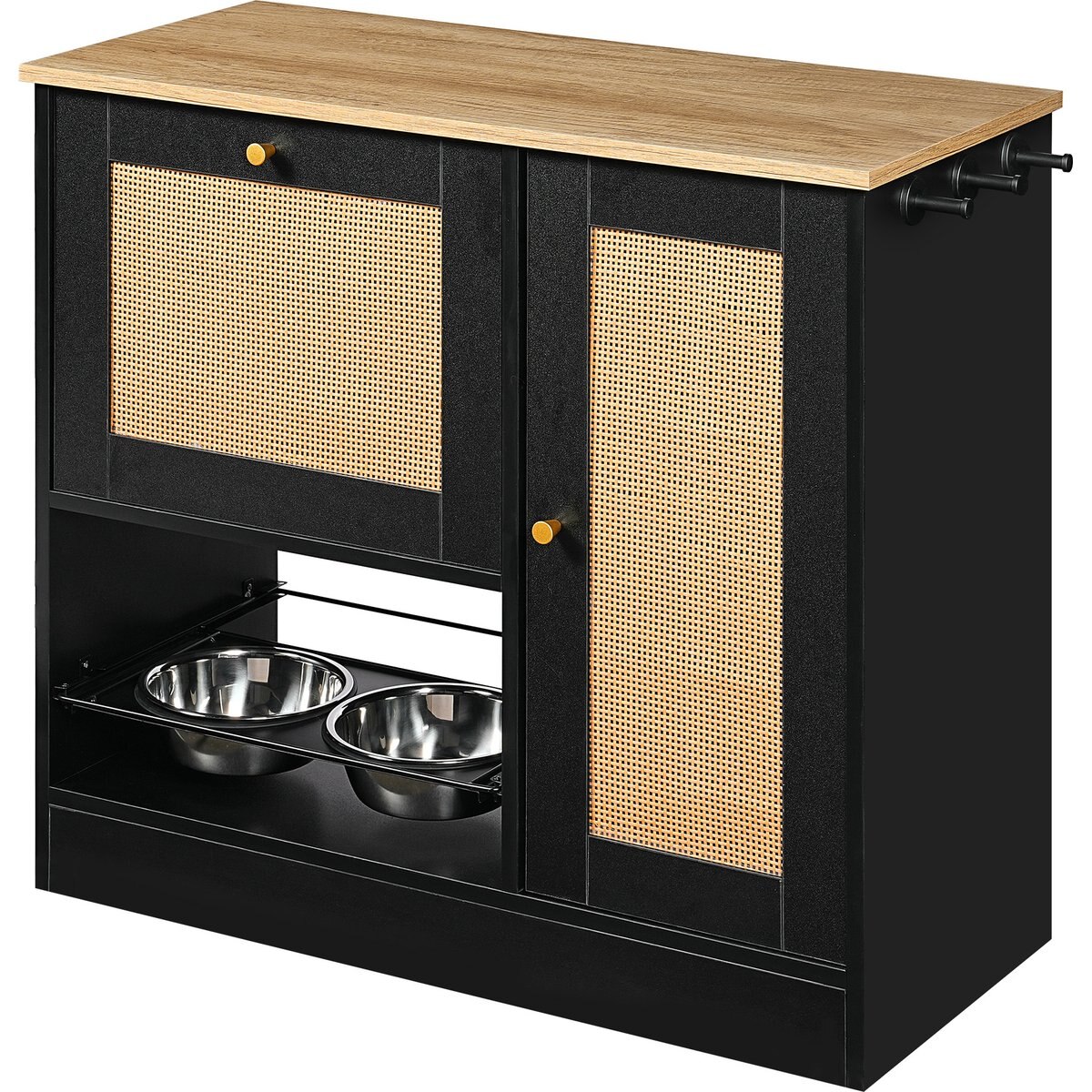 AOSTIRMOTOR Dog Bowl Feeding Station with Two Lockers, Elevated Bowls, Black, 2-cup