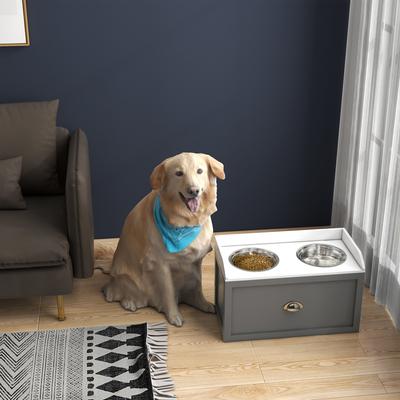 Show full view: AOSTIRMOTOR Elevated Dog Bowl Feeding Station with Storage, Grey & White, 2-cup slide 3 of 6