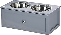 AOSTIRMOTOR Wood Elevated Steel Dog Bowl with Storage, Grey, 2-cup