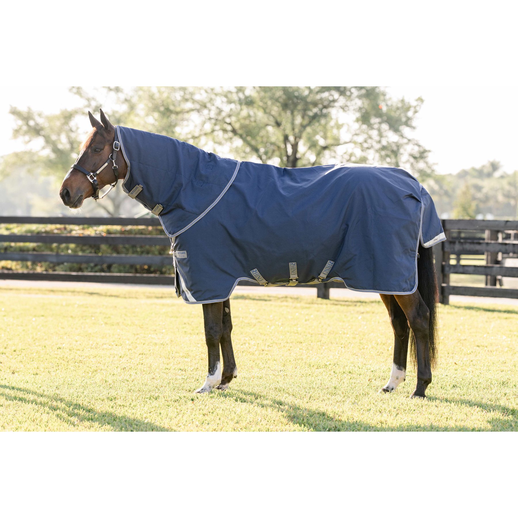 Horseware Rhino Plus 0g Horse Turnout, Navy / Titanium Grey / Classic Blue, 75 inches