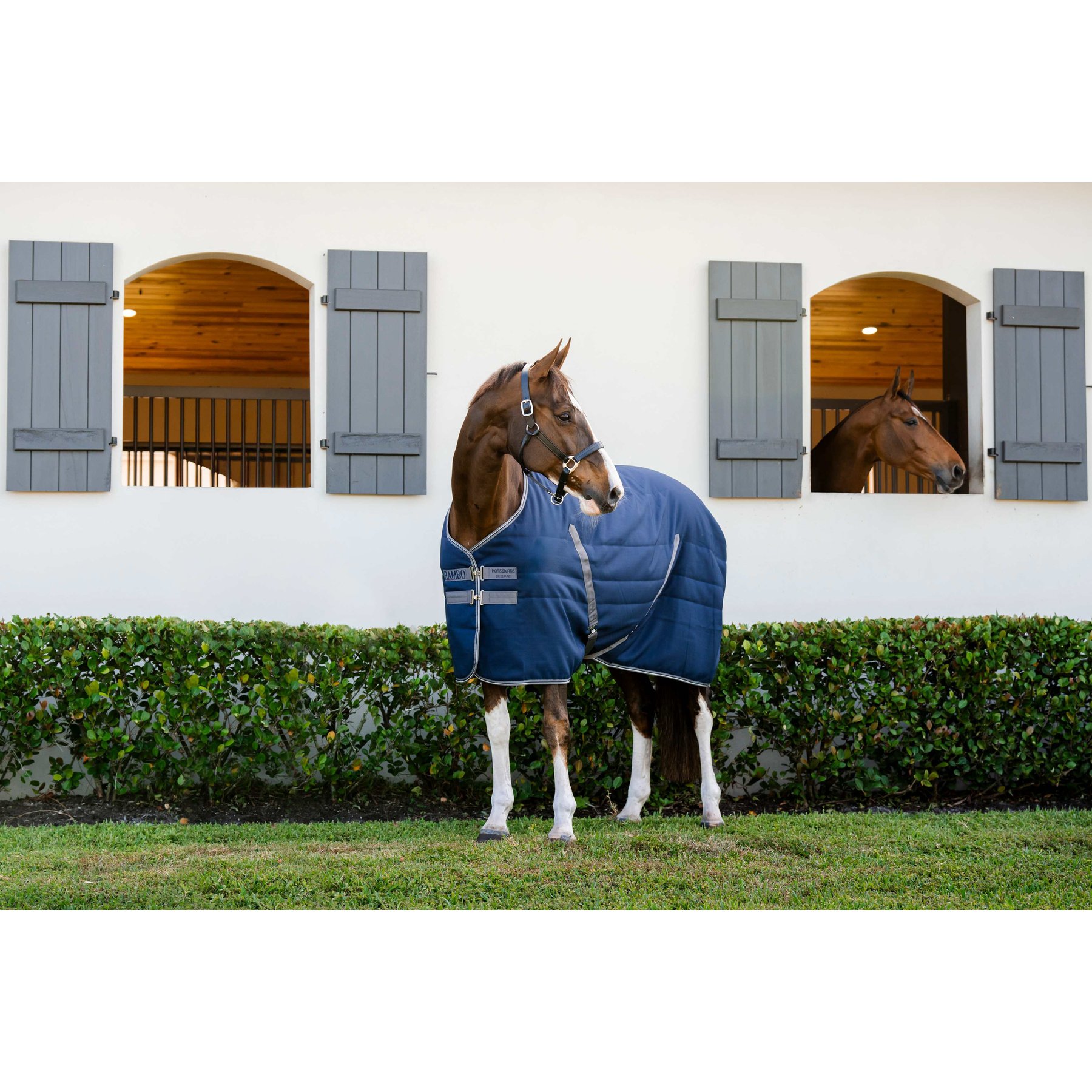 Horseware Rambo Embossed Lining 400g Horse Stable Blanket, Navy / Thunderstorm Grey / Silver, 66 inches