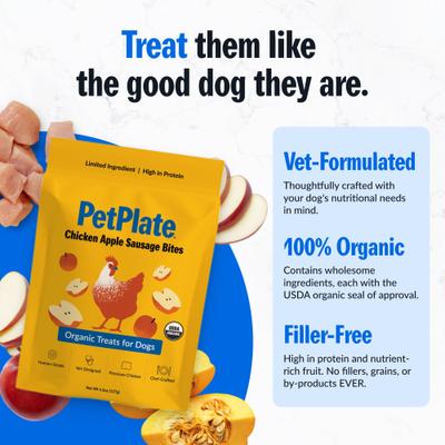 Show full view: PetPlate Human Grade Organic Chicken Apple Sausage Bites Dog Treats, 4.5-oz bag slide 6 of 11