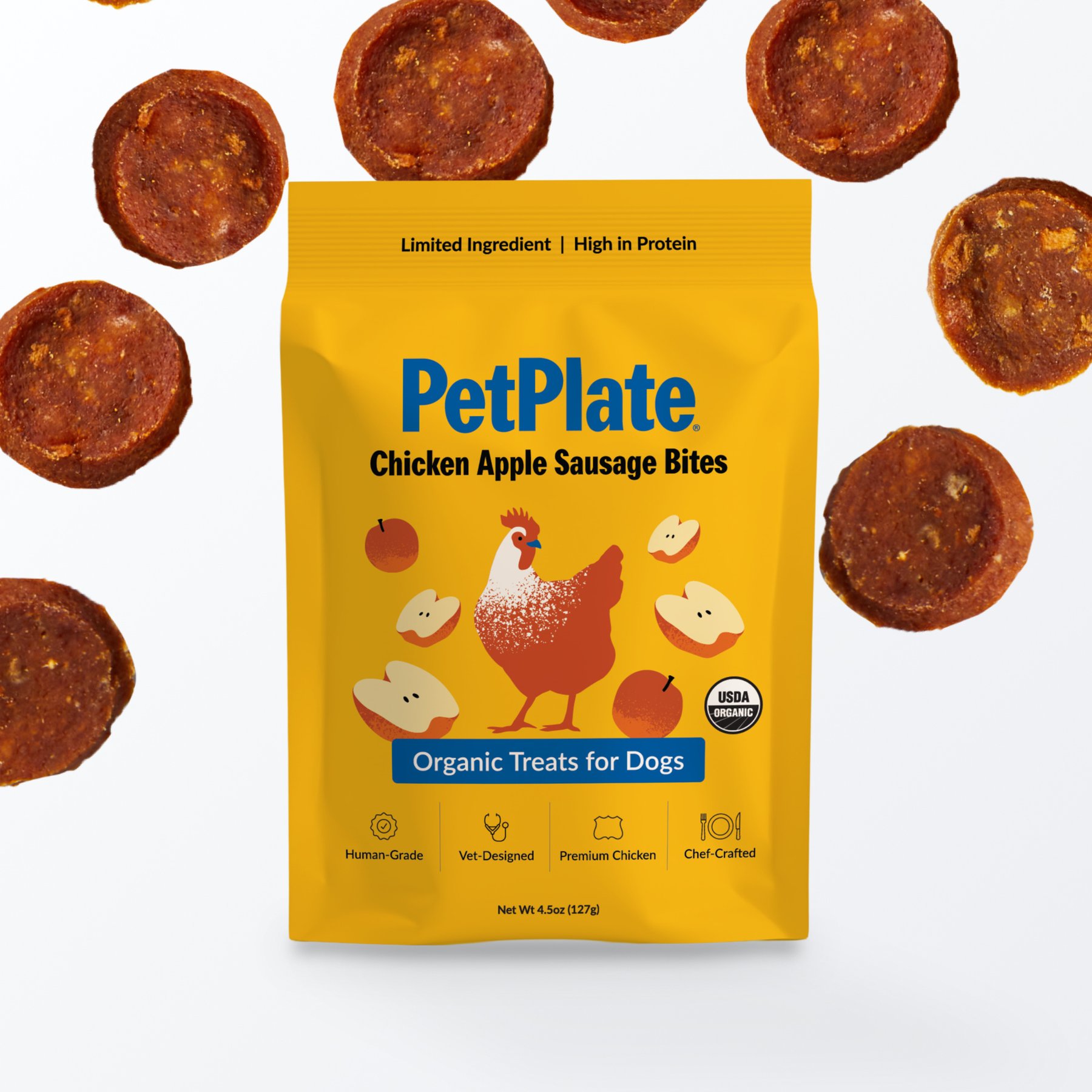 PetPlate Human Grade Organic Chicken Apple Sausage Bites Dog Treats, 4.5-oz bag