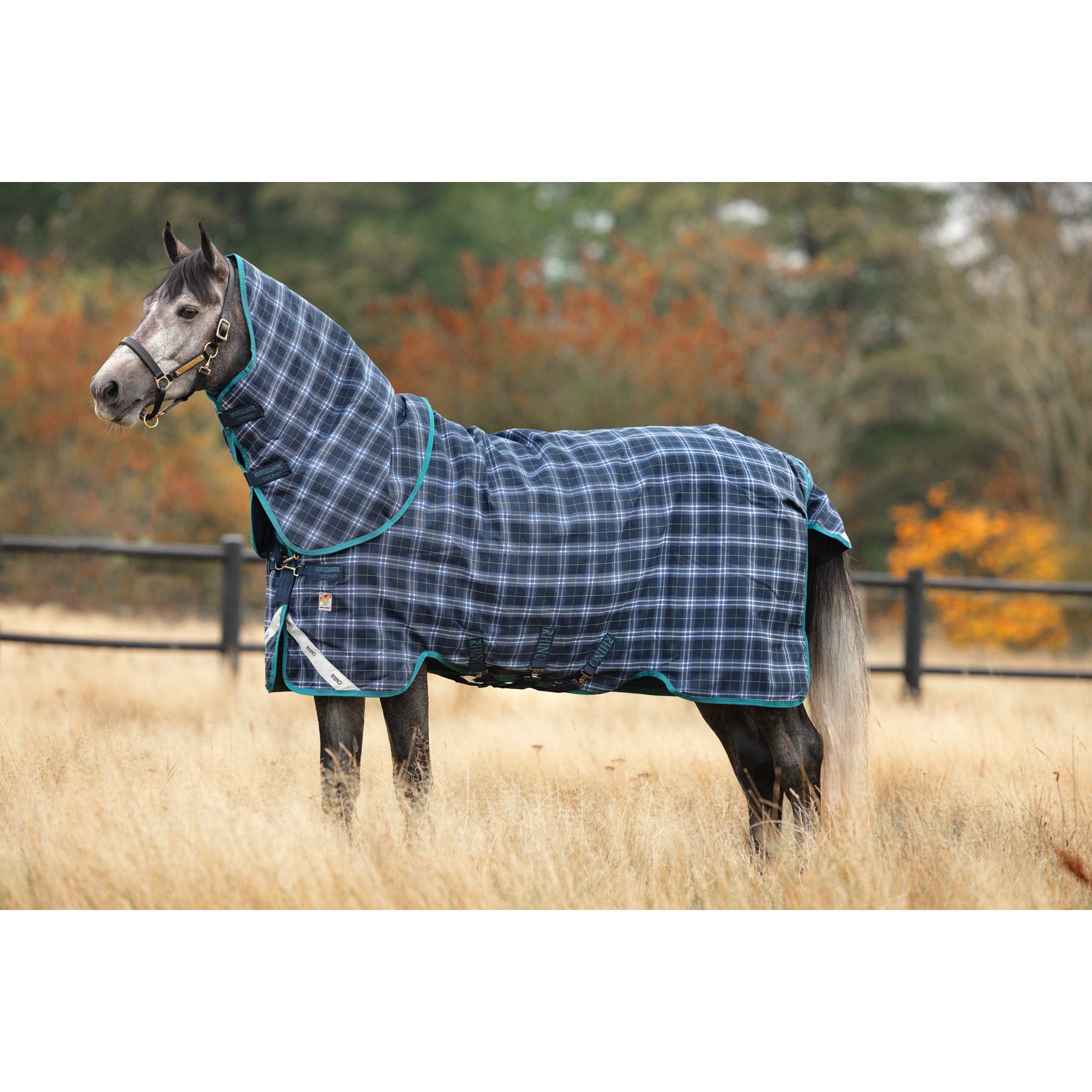 Horseware Rhino Plus 250g Vari-Layer Horse Turnout, Navy Check,Teal, 69 inches