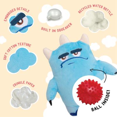 Show full view: Snugarooz Jolly Joel 2-in-1 Squeaky Crinkle Plush Dog Toy with TPR Ball, Blue, 8-in slide 6 of 7