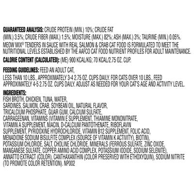 Show full view: Meow Mix Tenders in Sauce with Real Salmon & Crab Wet Cat Food, 2.75-oz cup, case of 12 slide 8 of 10