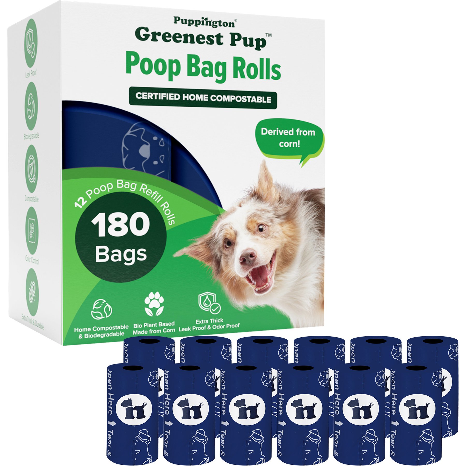 Puppington Greenest Pup Compostable Dog Poop Bags, Navy Blue, 12 Rolls