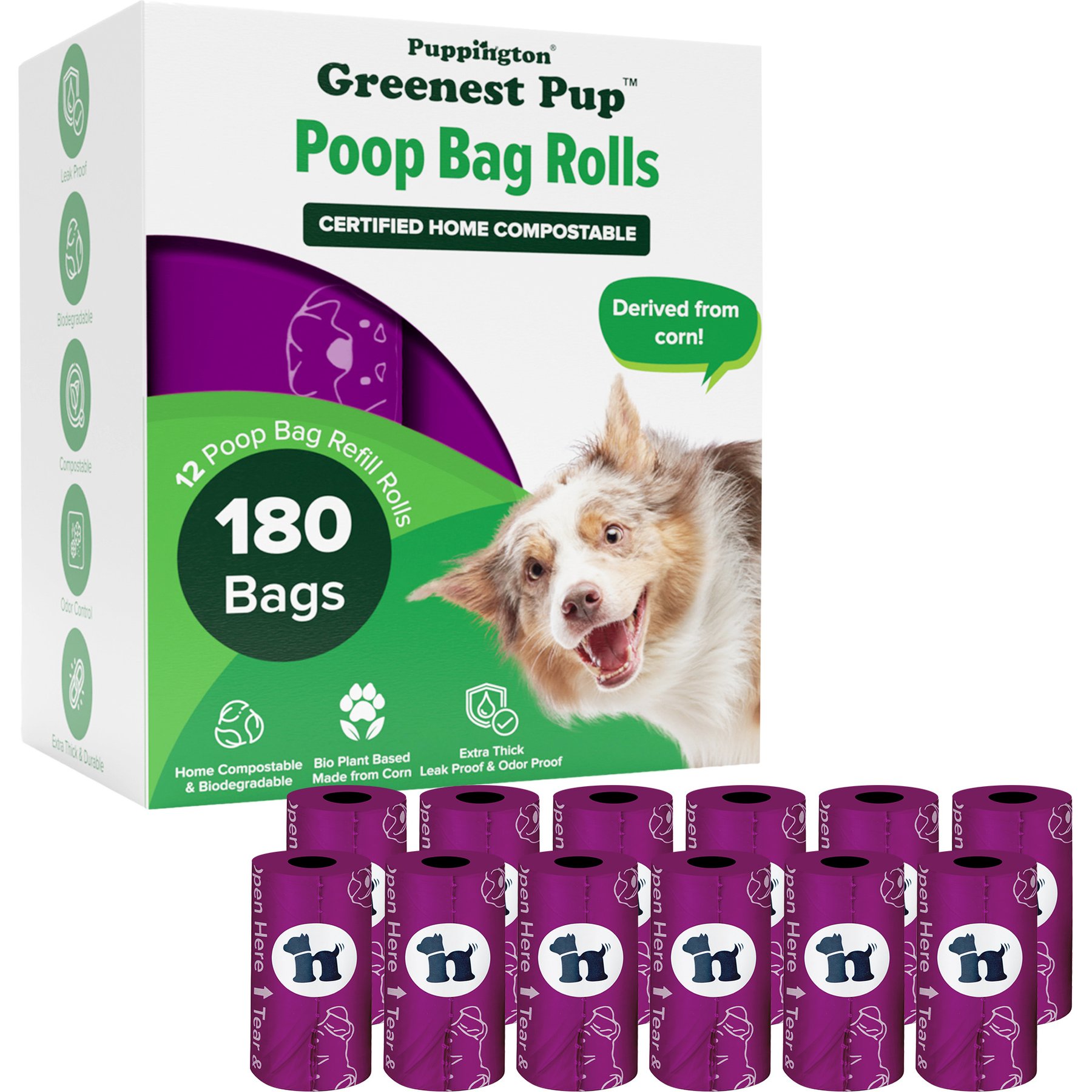 Puppington Greenest Pup Compostable Dog Poop Bags, Plum Wine, 12 Rolls