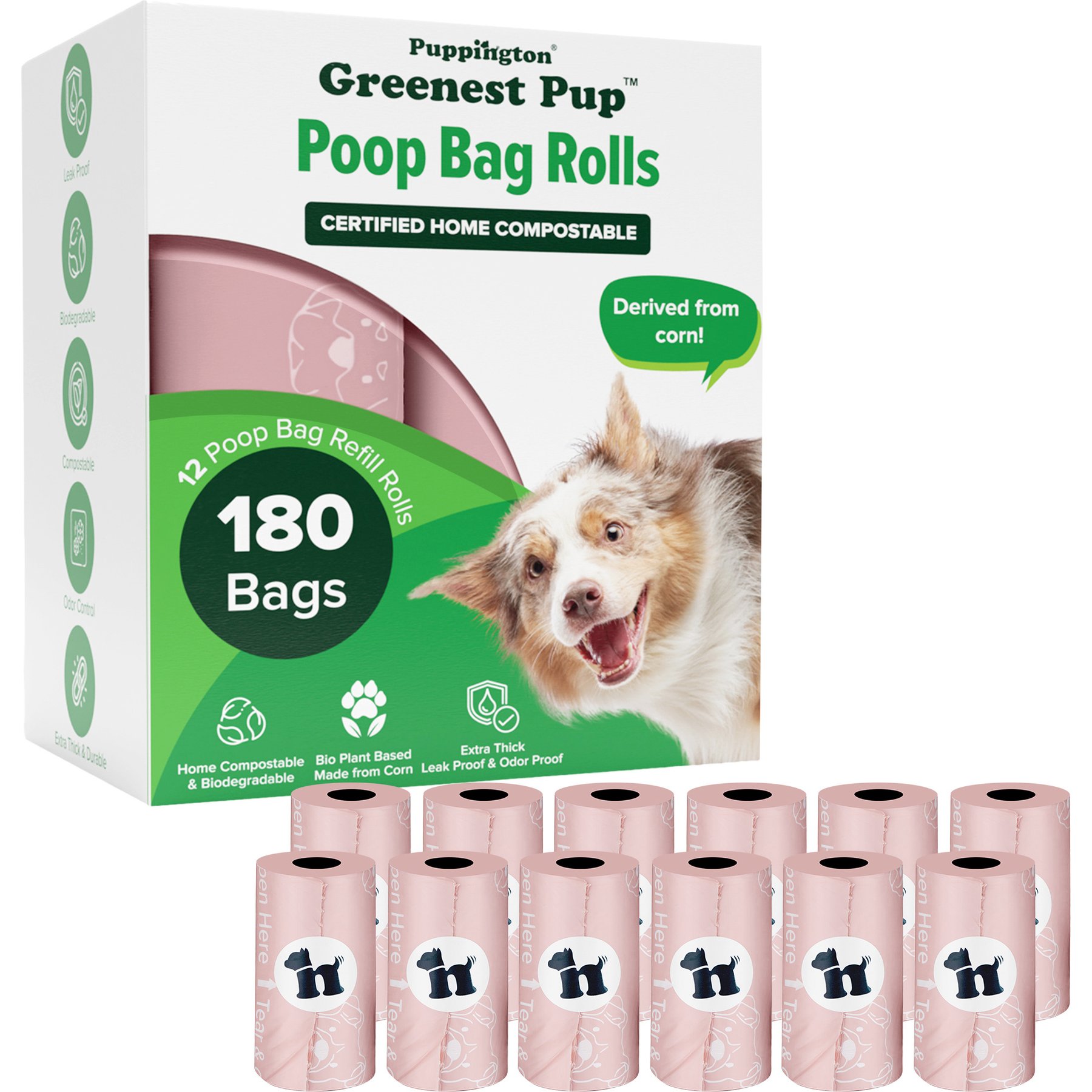 Puppington Greenest Pup Compostable Dog Poop Bags, Blush Pink, 12 Rolls