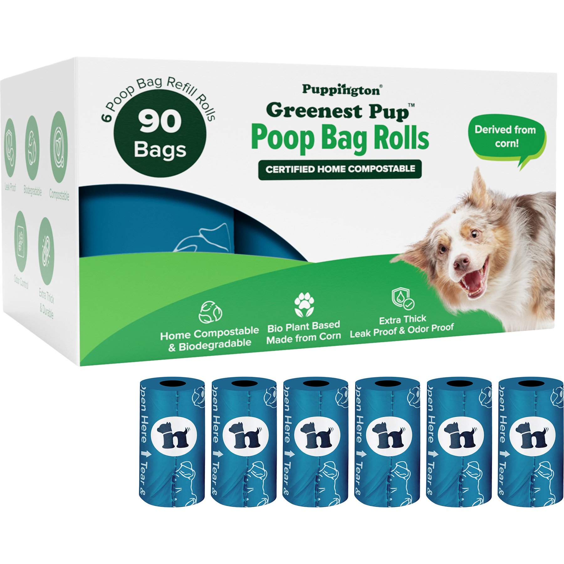 Puppington Greenest Pup Compostable Dog Poop Bags, Lagoon Teal, 6 Rolls