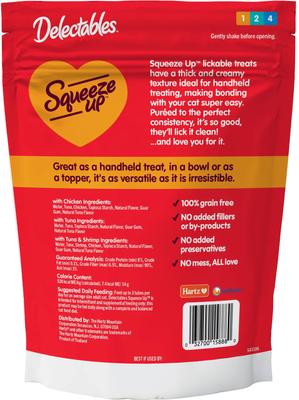 Show full view: Hartz Delectables Squeeze Up Chicken, Tuna, Tuna & Shrimp Variety Pack Grain-Free Lickable Cat Treats, 0.5-oz tube, 24 count slide 8 of 11