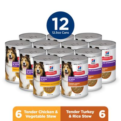 Show full view: Hill's Science Diet Sensitive Stomach & Sensitive Skin Variety Pack Adult Turkey & Chicken Stew Canned Dog Food, 12.5-oz, 12 count slide 3 of 10