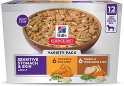 Hill's Science Diet Sensitive Stomach & Sensitive Skin Variety Pack Adult Chicken Stew & Turkey Stew Pouch Dog Food, 2.8-oz, 12 count