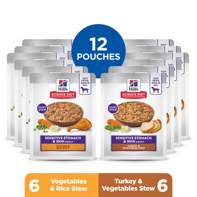 Show full view: Hill's Science Diet Sensitive Stomach & Sensitive Skin Variety Pack Adult Chicken Stew & Turkey Stew Pouch Dog Food, 2.8-oz, 12 count slide 3 of 11